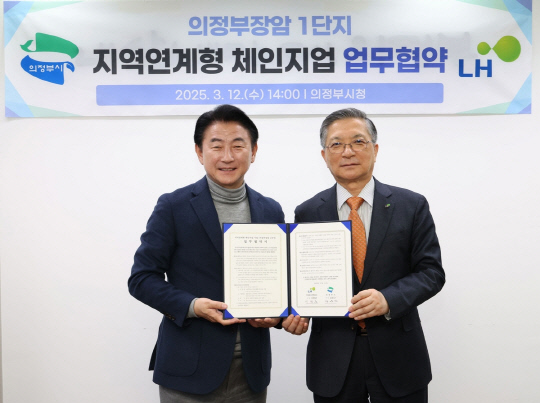 이한준(오른쪽) LH 사장과 김동근 의정부시장이 12일 노후 공공임대 개선 사업과 관련해 업무협약을 맺은 후 기념촬영을 하고 있다.  [LH 제공]